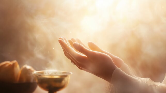 Open hands in worship symbolize receiving the Eucharist, radiating peace, faith, and spiritual connection.