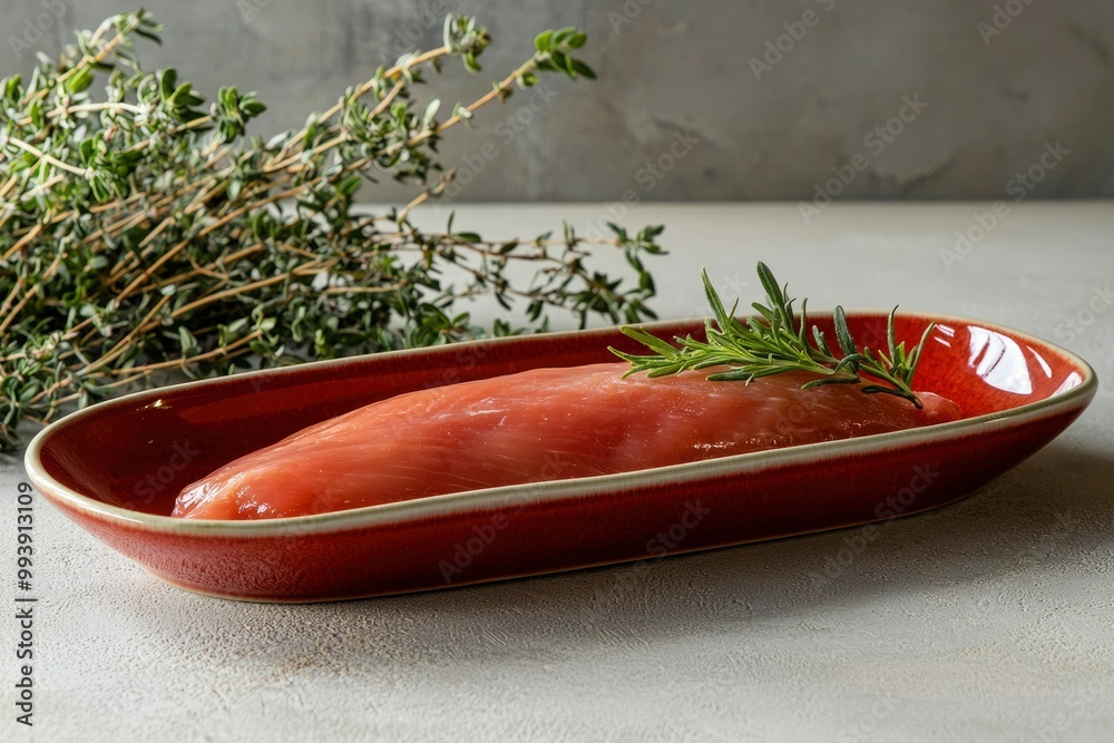 Wall mural Raw Chicken Breast in Red Dish with Rosemary Sprig