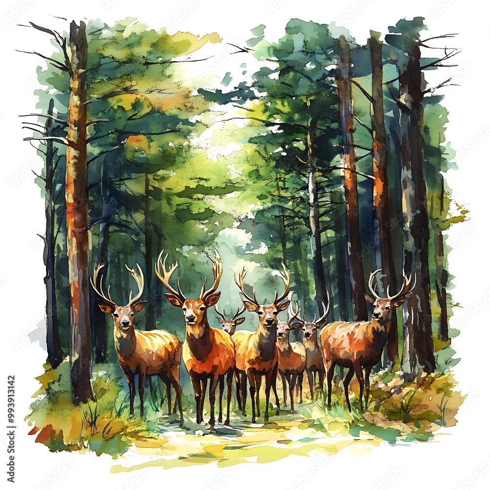 Wall mural A Watercolor Illustration of a Herd of Deer in the Forest.