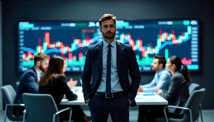 Business Leader Presenting Financial Data to Team in Modern Office with Chart Displayed on Screen