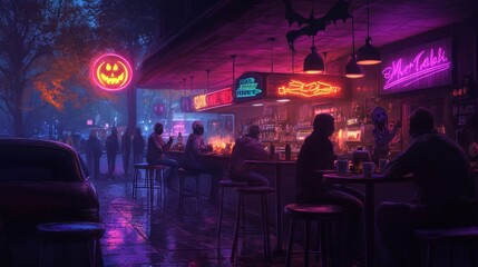 An eerie Halloween gathering in a small American diner neon signs flickering outside