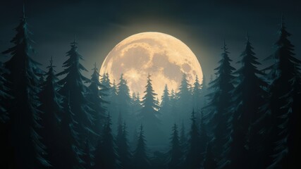 Fototapeta premium Forest Treeline at Moonrise: Dark outlines of pine trees against a night sky, with a large full moon rising and casting a soft glow.