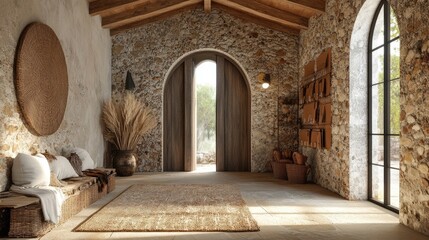 Fototapeta premium Rustic boho interior design of modern entrance hall with arched doorway Stone cladding wall and timber beam ceiling in country house hallway