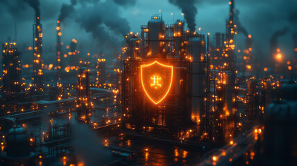 Fototapeta premium Industrial facility with a shield symbolizing protection, representing energy security and critical infrastructure protection for national safety.
