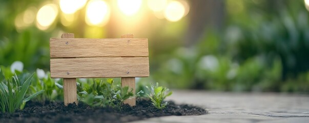 blank wooden sign with blur street with trees and bokeh light background