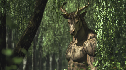 Obraz premium 3d render : portrait of handsome male centaur in the green willow forest with depth of field, centaur breed hybrid with deer horn. Centaur. Illustration