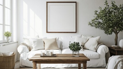 Rustic coffee table near white sofa against wall with art frame Farmhouse interior design of modern living room