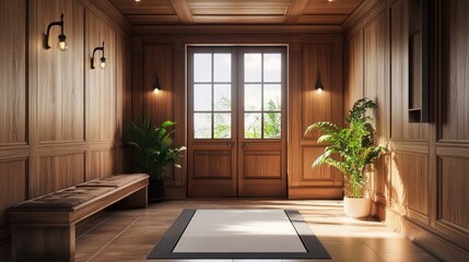 Rustic interior design of modern entrance hall with wooden paneling and bench