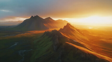 Naklejka premium Capture the breathtaking moment as the sun sets behind the distant mountains, colors of the sky and the sense of peace