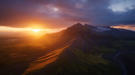 Fototapeta premium Capture the breathtaking moment as the sun sets behind the distant mountains, colors of the sky and the sense of peace