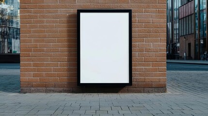 Blank advertisement board on a brick wall near modern buildings, urban setting.