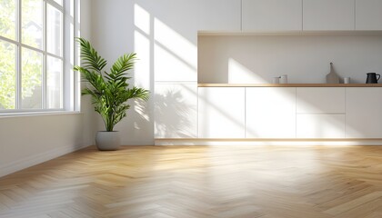 Fototapeta premium Sunlight streaming across a warm wooden herringbone floor in a bright modern kitchen, natural light creating soft shadows