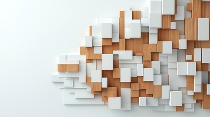 Abstract 3D model of a building cluster with organic white forms and integrated wooden panels, innovative urban concept