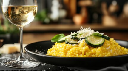 Saffron Risotto Milanese garnished with zucchini, paired with white wine in a cozy kitchen setting.