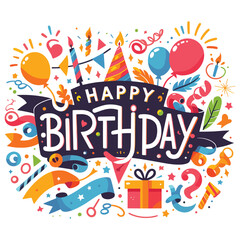 "Happy Birthday banner illustration with colorful decorations, vector artwork, festive party design"