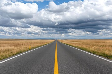 Empty highway stretching into the distance, against a backdrop of cloudy sky.