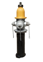 Yellow, silver and black fire hydrant