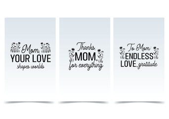 Greetings on Mother's Day concept in the flat cartoon design. Three Mother's Day cards with messages of gratitude and love for mom surrounded by flowers. Vector illustration.