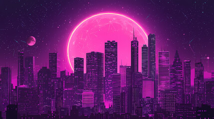 A pink moon glowing over a purple cityscape with skyscrapers and a retro futurism atmosphere. Retro Futurism. Illustration