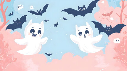 Flat vector illustration of adorable Halloween characters, baby vampires, tiny ghosts, and cartoonish bats flying around a pastel pink and blue background with text space