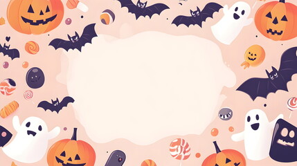Flat vector illustration of adorable Halloween characters, baby vampires, tiny ghosts, and cartoonish bats flying around a pastel pink and blue background with text space