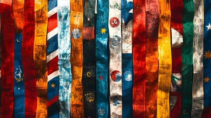 Multiple flags of different countries hanging side by side, symbolizing multicultural harmony