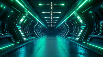 Obraz premium Futuristic Green Neon Lights 3D Corridor Background