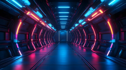 Futuristic 3D Corridor with Neon Lights