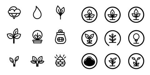 This illustration is a set of editable stroke outline icons related to soil and gardening on a white background. The icons have a pixel perfect size of 64 x 64 pixels.