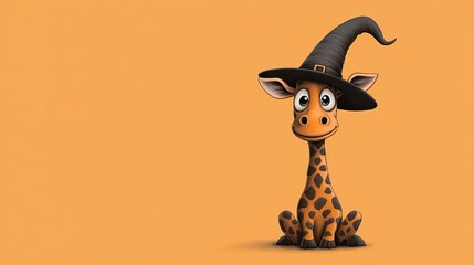 A cute cartoon giraffe wearing a witch hat on an orange background.