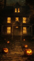 Creepy Halloween-themed American haunted house glowing pumpkins on the porch