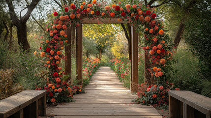 Fototapeta premium Romantic Garden Archway: A rustic wooden archway, adorned with vibrant orange and red dahlia blooms, creates a breathtaking entrance to a sun-drenched garden path. Perfect for wedding, event.