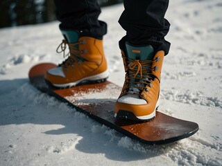 Snowboard with boots for winter sports.