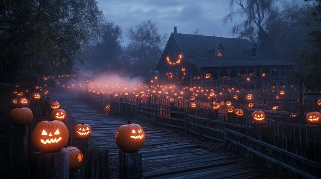 Creepy Halloween-themed petting zoo in an American town eerie fog rolling through pens