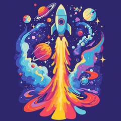 A colorful T-shirt design with a rocket, planets, and aliens for a fun, adventurous look!