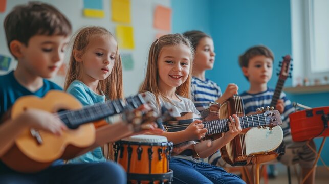 Smiling children playing musical instruments in colorful classroom, showcasing early music education and creative development