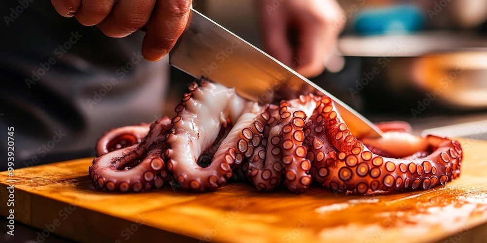 Canvas Prints A chef skillfully slices fresh octopus on a wooden cutting board. The vibrant colors and texture showcase culinary art. Cooking and preparation are essential in gourmet kitchens. AI