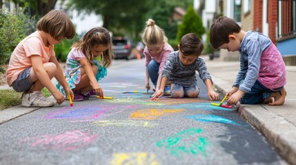 Group of diverse children creating colorful chalk drawings on sidewalk, showcasing outdoor creativity and community play