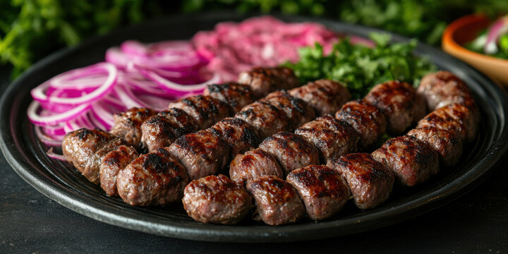 Front view of Ciger Sis with Turkish liver kebap, featuring skewered and grilled liver pieces