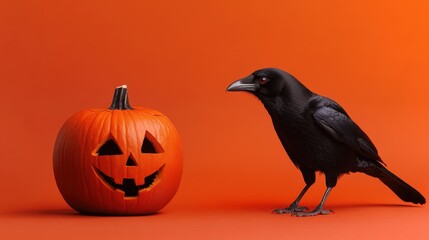 Fototapeta premium Crow Inspecting a Carved Pumpkin with Eyes