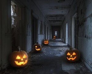Eerie Halloween ghost hunt in an old American asylum glowing jack-o-lanterns lighting the hallways