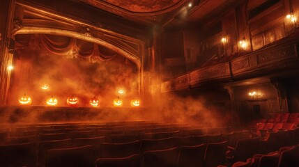 Eerie Halloween ghost tour in an old American theater glowing jack-o-lanterns lighting the stage