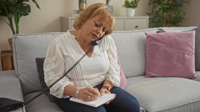 A middle-aged woman is sitting in a living room, talking on the phone while taking notes in a notebook, surrounded by a cozy interior with plants and pillows.