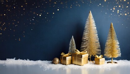 Christmas gold trees and presents dark blue background. Christmas card design. AI image
