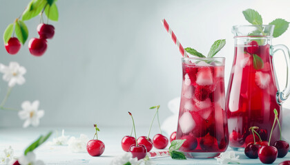 Cold cherry juice in a glass with a straw and jug with fresh berries.