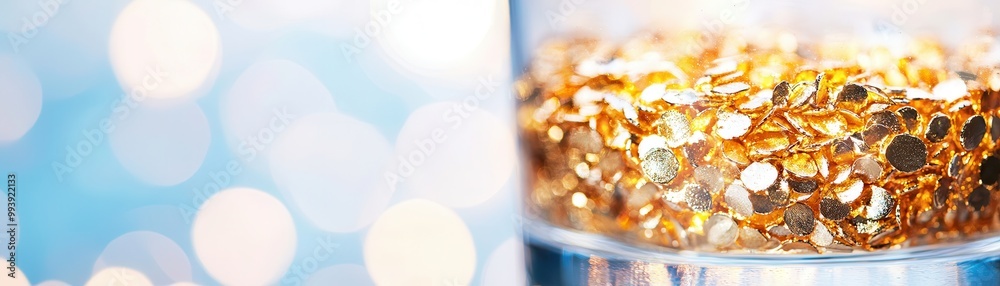 Poster Gold Confetti in Glass with Bokeh Background.