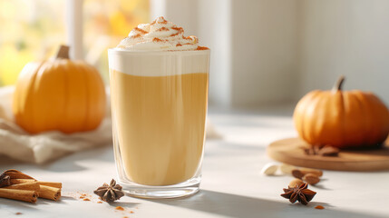 Pumpkin latte with spices drink, cozy autumn warm coffee beverage with pumpkin pie syrup and spices, with fresh orange pumpkin, cinnamon, anise on light background. Cafe menu, recipe, copy space