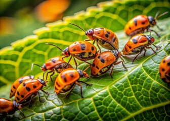 Fototapeta premium Close-Up of Little Orange Bugs Crawling on Green Leaf in Natural Habitat Under Bright Sunlight