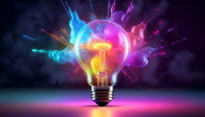 Colorful light bulb with vibrant splashes representing creativity and innovation.