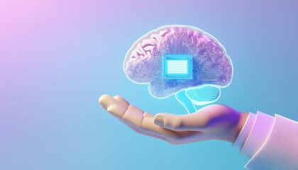 Fototapeta premium Futuristic hand holding a glowing brain with microchip, digital innovation concept.
